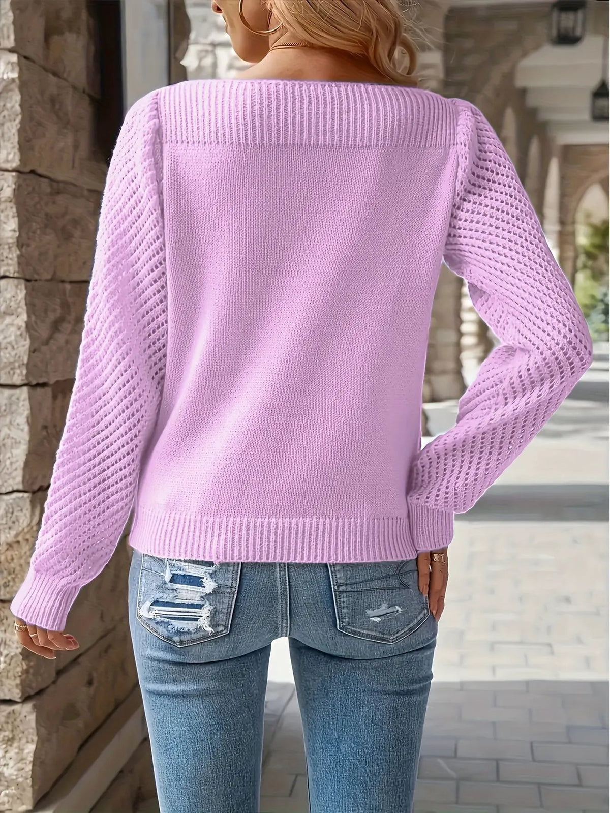 Women's Crew Neck Openwork Sleeve Sweater - Relaxed Fit by Bellmaren
