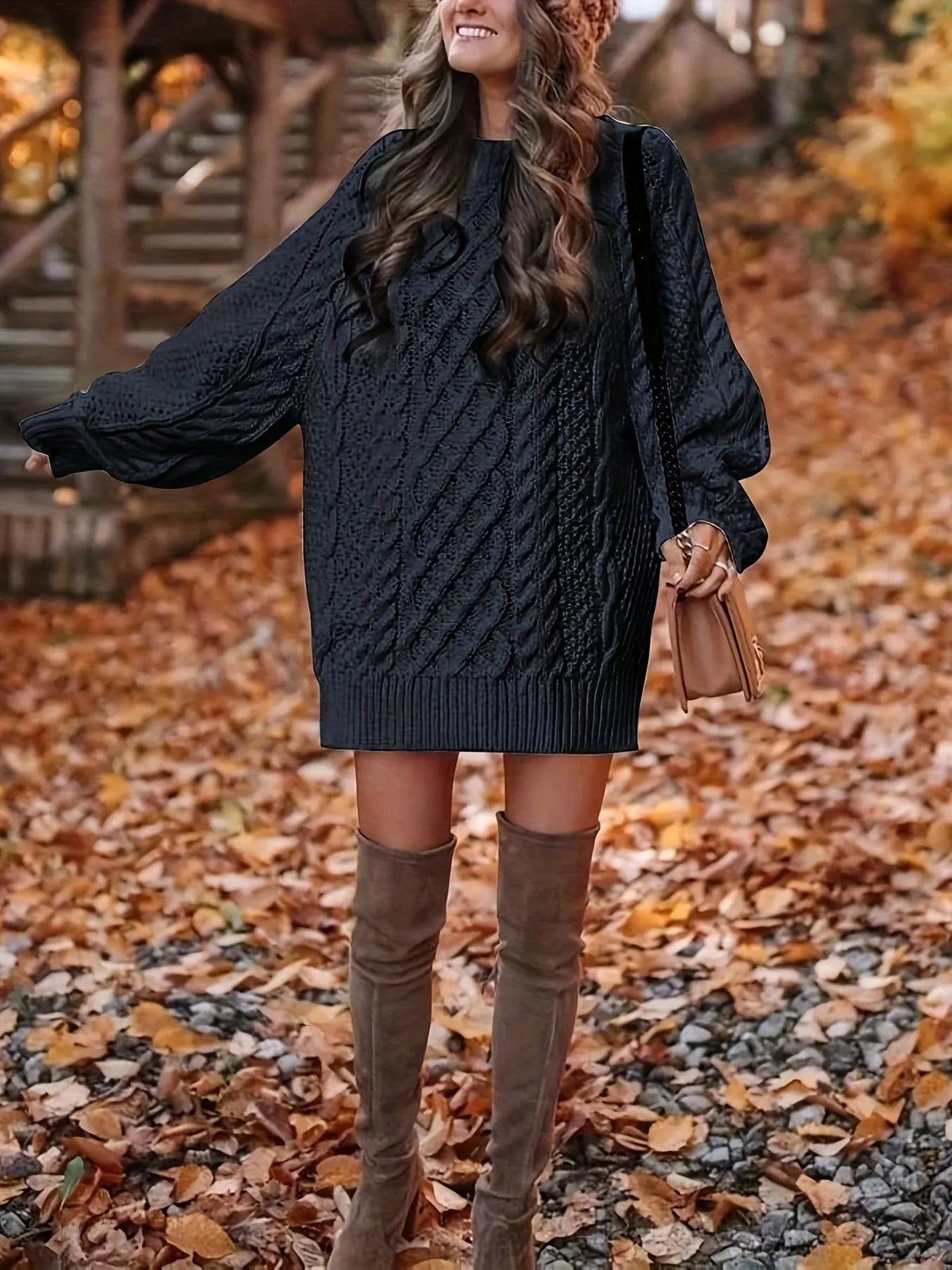 Women's Cable-Knit Sweater Dress Crew Neck Relaxed Silhouette-Women's Dresses-Bellmaren-Black-S-My Store