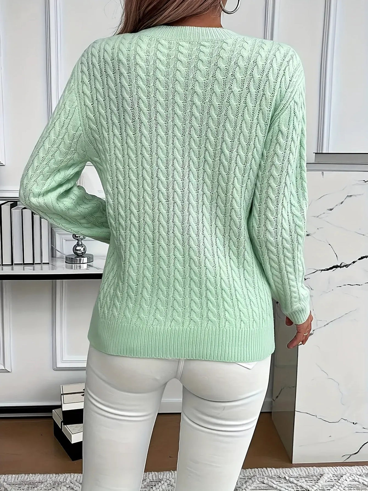 Women's Cable Knit Round Neck Jumper Relaxed Silhouette-Women's Sweaters-Bellmaren-Light Green-S-My Store