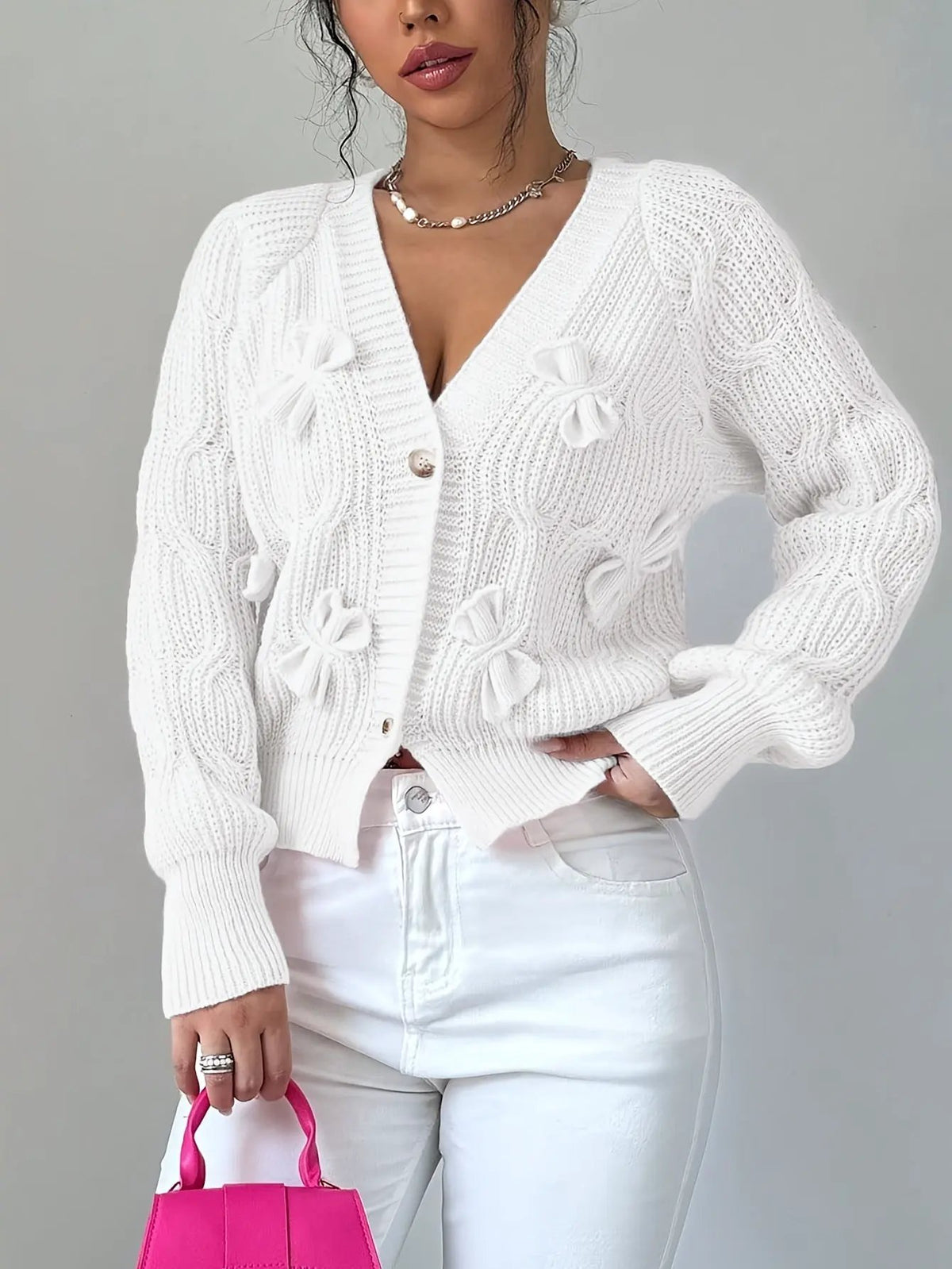 Women's Bow-Detail Long Sleeve Button Cardigan-Women’s Cardigans-Bellmaren-Pink-S-My Store
