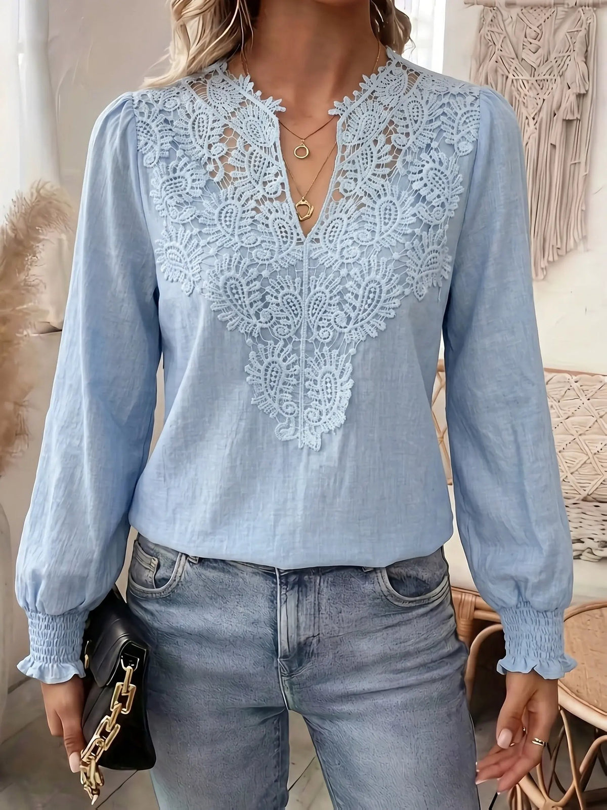 Women's Embroidered V-Neck Blouse with Lantern Sleeves by Bellmaren