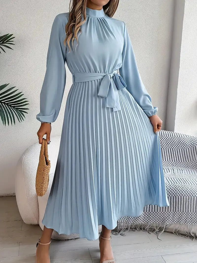 Women's Long-Sleeve Belted Pleated Midi Dress by Bellmaren