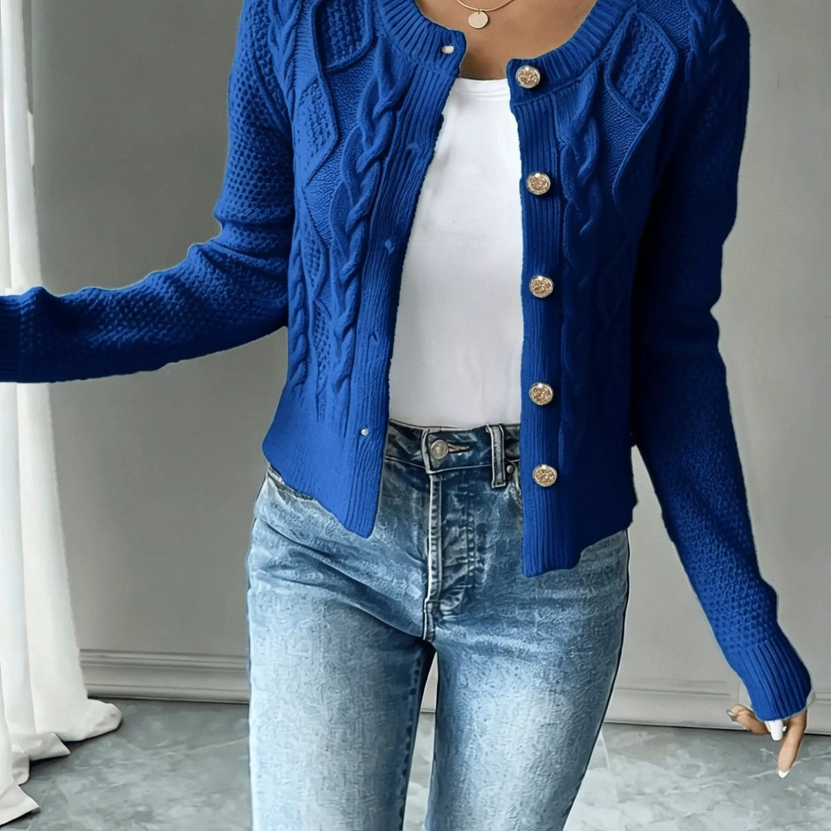 Women's Cable-Knit Button-Front Cardigan-Women’s Cardigans-Bellmaren-Blue-S-My Store