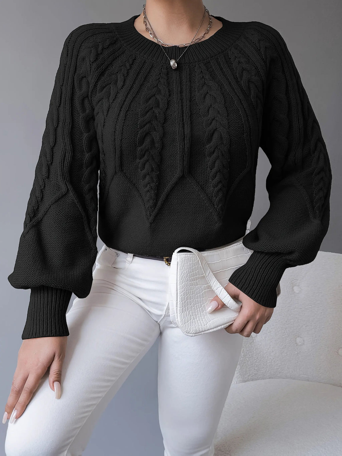 Women's Classic Cable-Knit Lantern-Sleeve Pullover Jumper-Women's Sweaters-Bellmaren-Khaki-S-My Store