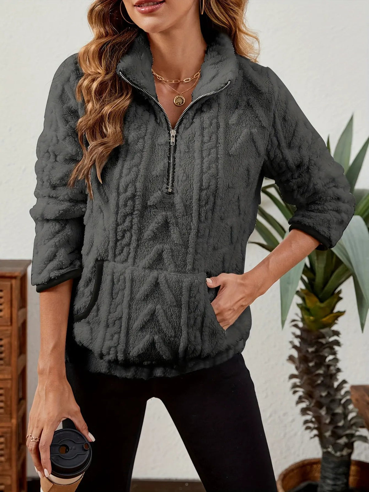 Textured Women's Half Zip Pullover Kangaroo Pocket-Women's Sweaters-Bellmaren-Burgundy-S-My Store