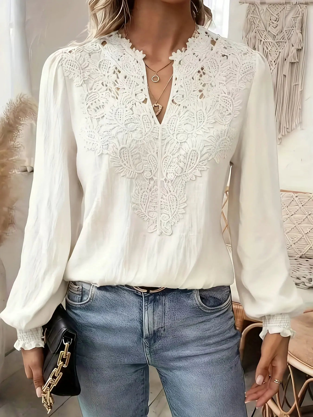Women's Embroidered V-Neck Blouse with Lantern Sleeves by Bellmaren
