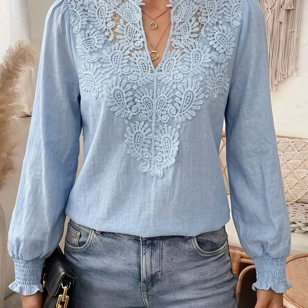 Women's Embroidered V-Neck Blouse with Lantern Sleeves by Bellmaren