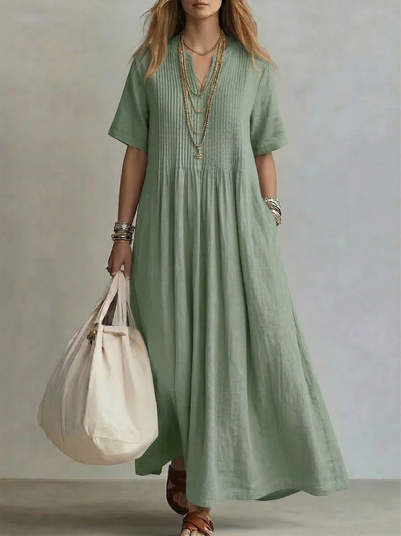 Women's Pleated Flow Maxi Dress with Side Pockets by Bellmaren
