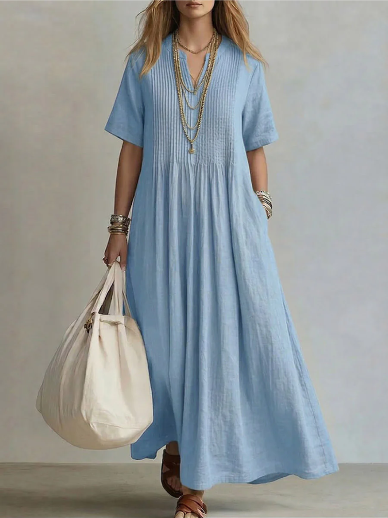 Women's Pleated Flow Maxi Dress with Side Pockets by Bellmaren
