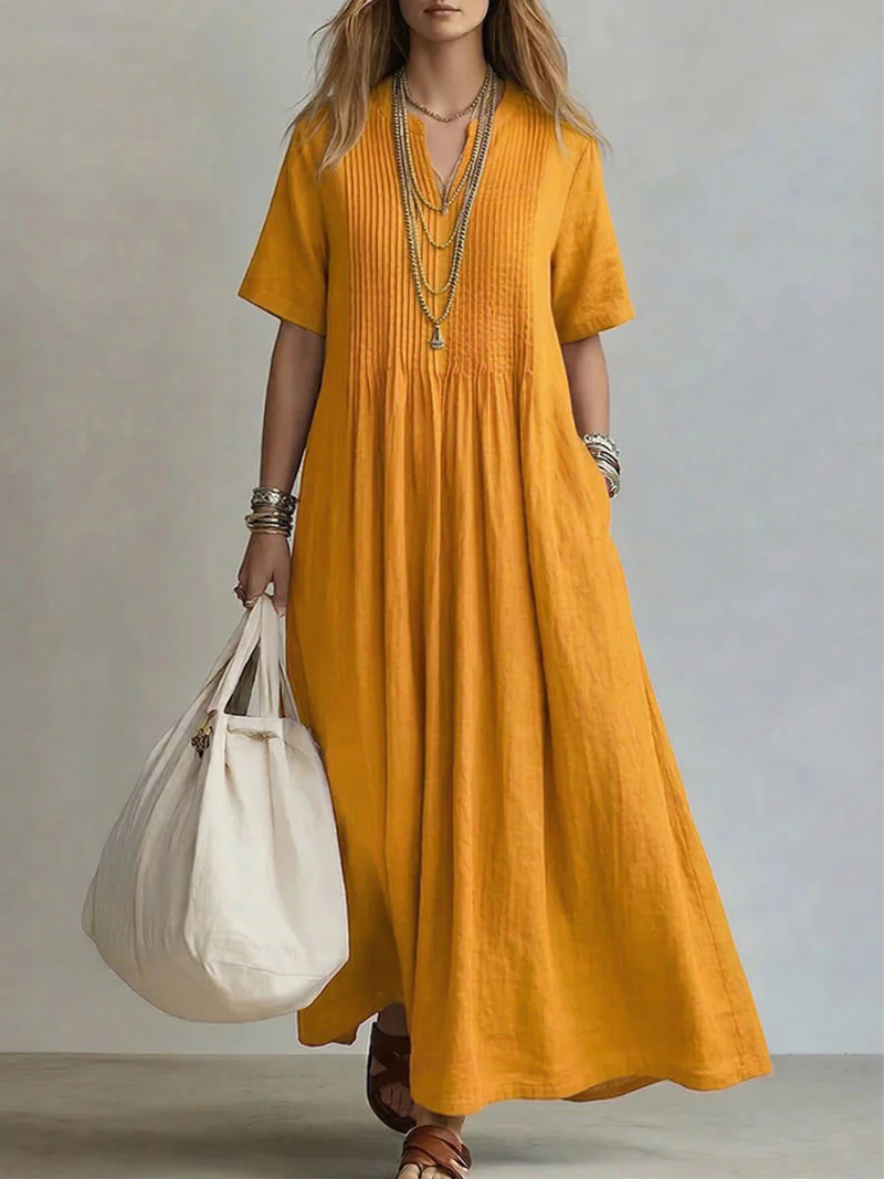 Women's Pleated Flow Maxi Dress with Side Pockets by Bellmaren