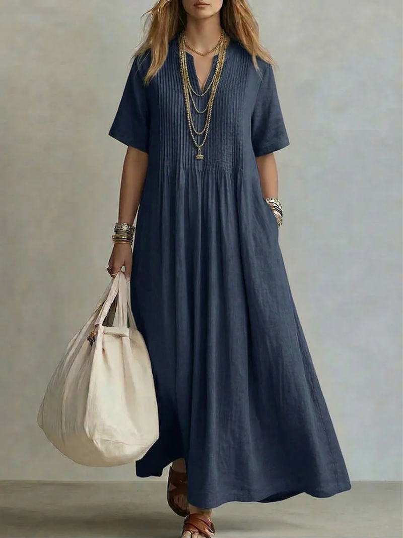 Women's Pleated Flow Maxi Dress with Side Pockets by Bellmaren