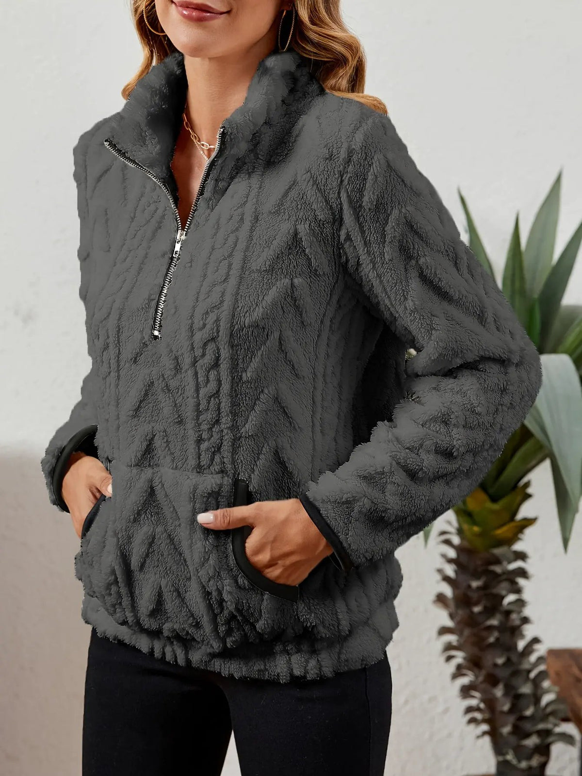 Textured Women's Half Zip Pullover Kangaroo Pocket-Women's Sweaters-Bellmaren-Burgundy-S-My Store