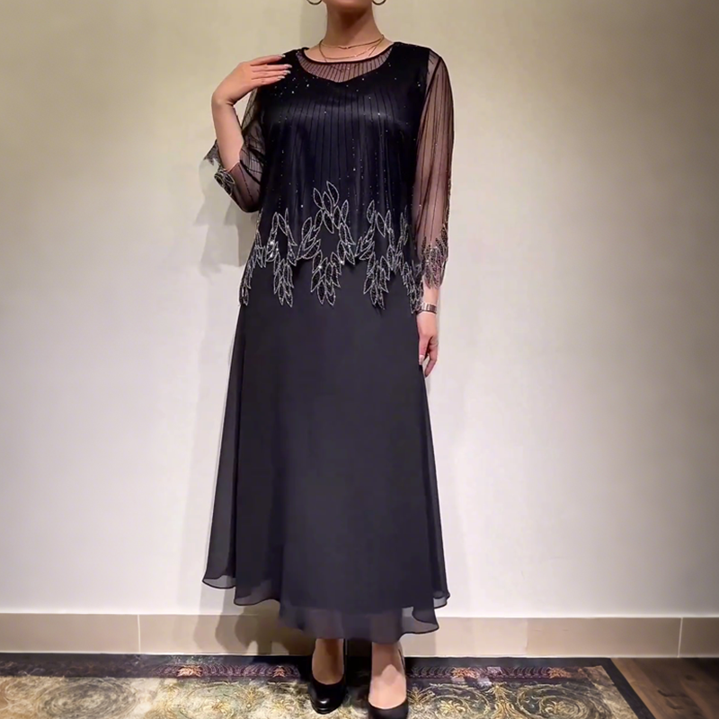 Women's Flowing Midi Dress with Sheer Sleeves – Relaxed Everyday