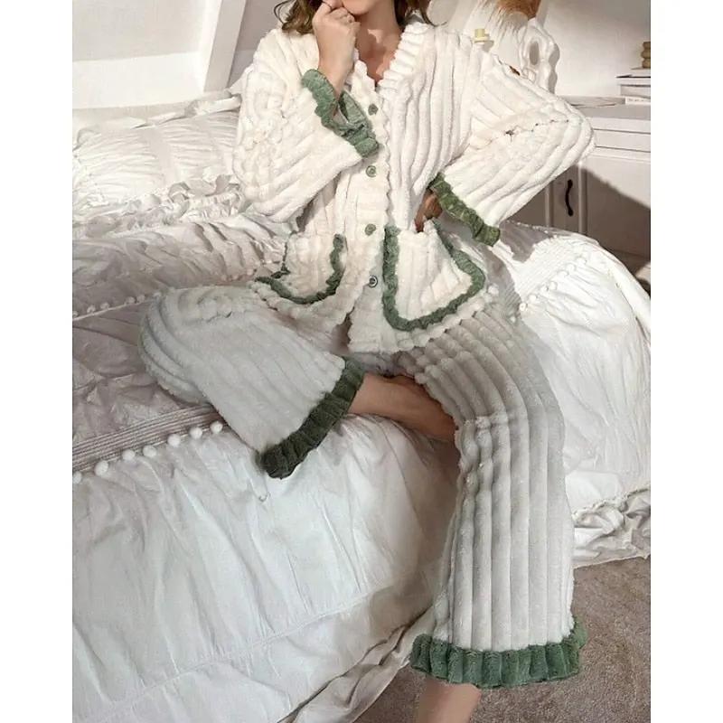 Women's Plush Ruffle-Trim Two-Piece Lounge Set-Women's Loungewear Sets-Bellmaren-Green-S-My Store