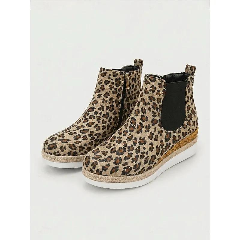 Women's Braided Trim Wedge Ankle Boots For Weekend Wear-Women's Shoes-Bellmaren-Leopard-4-My Store