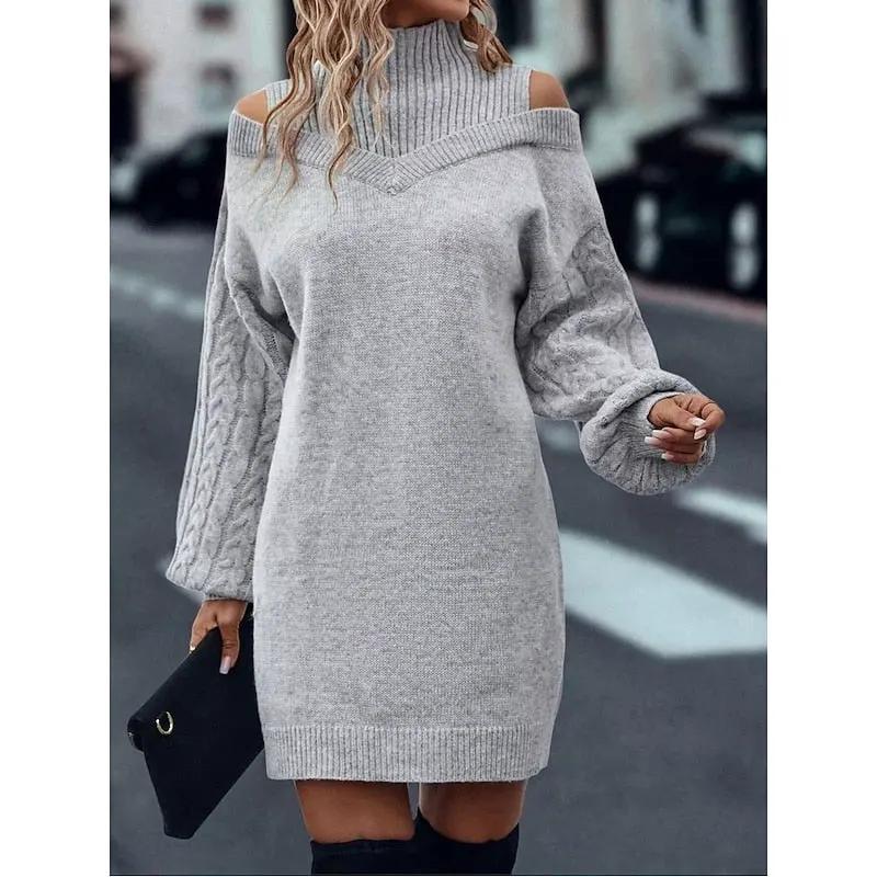 Women's Cold-Shoulder Turtleneck Sweater Dress-Women's Dresses-Bellmaren-Khaki-S-My Store