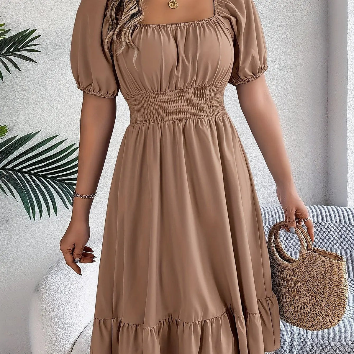Women's Square Neck Ruffle Hem A-Line Dress-Women's Dresses-Bellmaren-Khaki-S-My Store