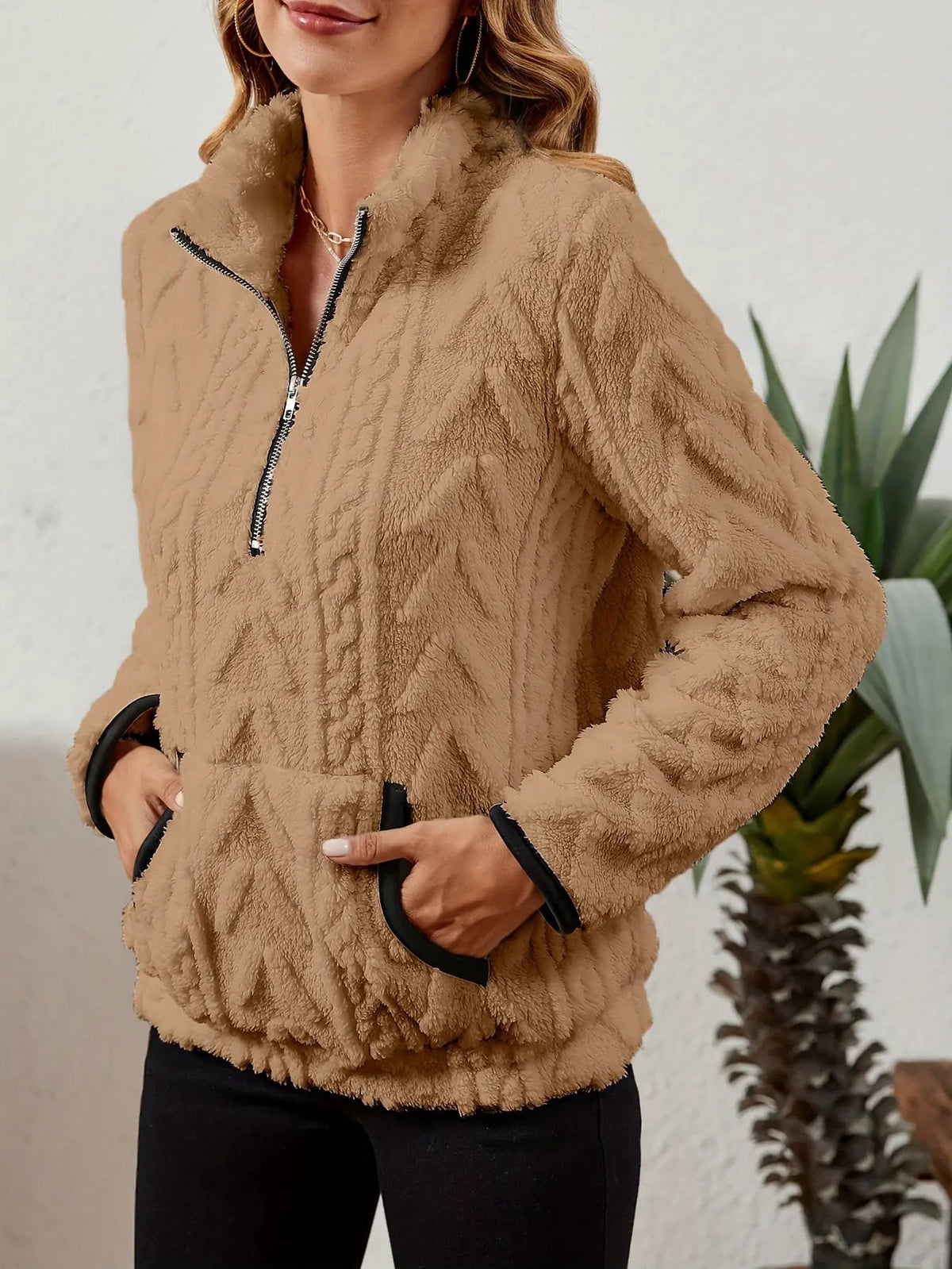 Textured Women's Half Zip Pullover Kangaroo Pocket-Women's Sweaters-Bellmaren-Burgundy-S-My Store