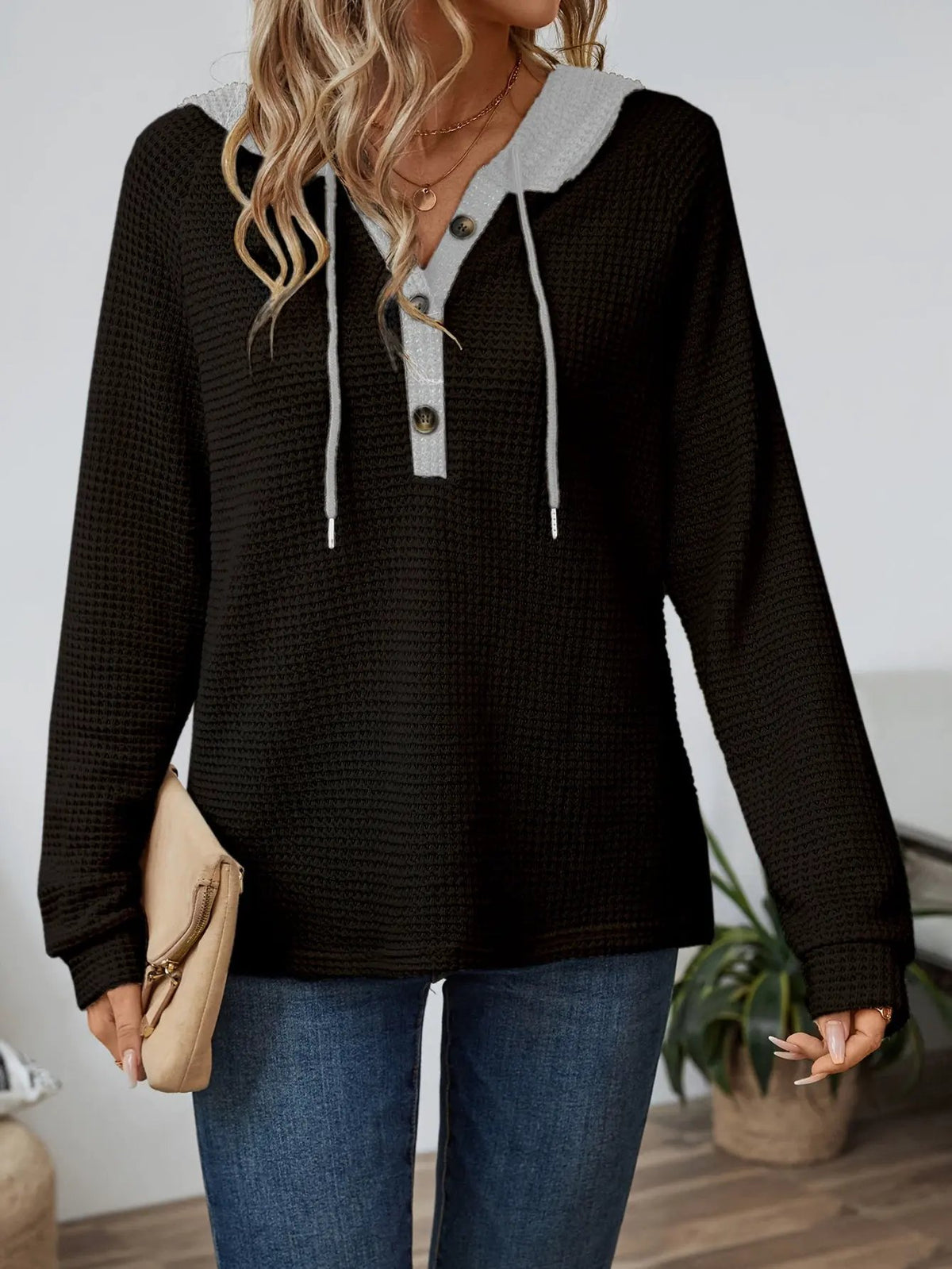 Women's Relaxed Waffle Hooded Top - Contrast Hood-Women's Hoodies-Bellmaren-Beige-S-My Store