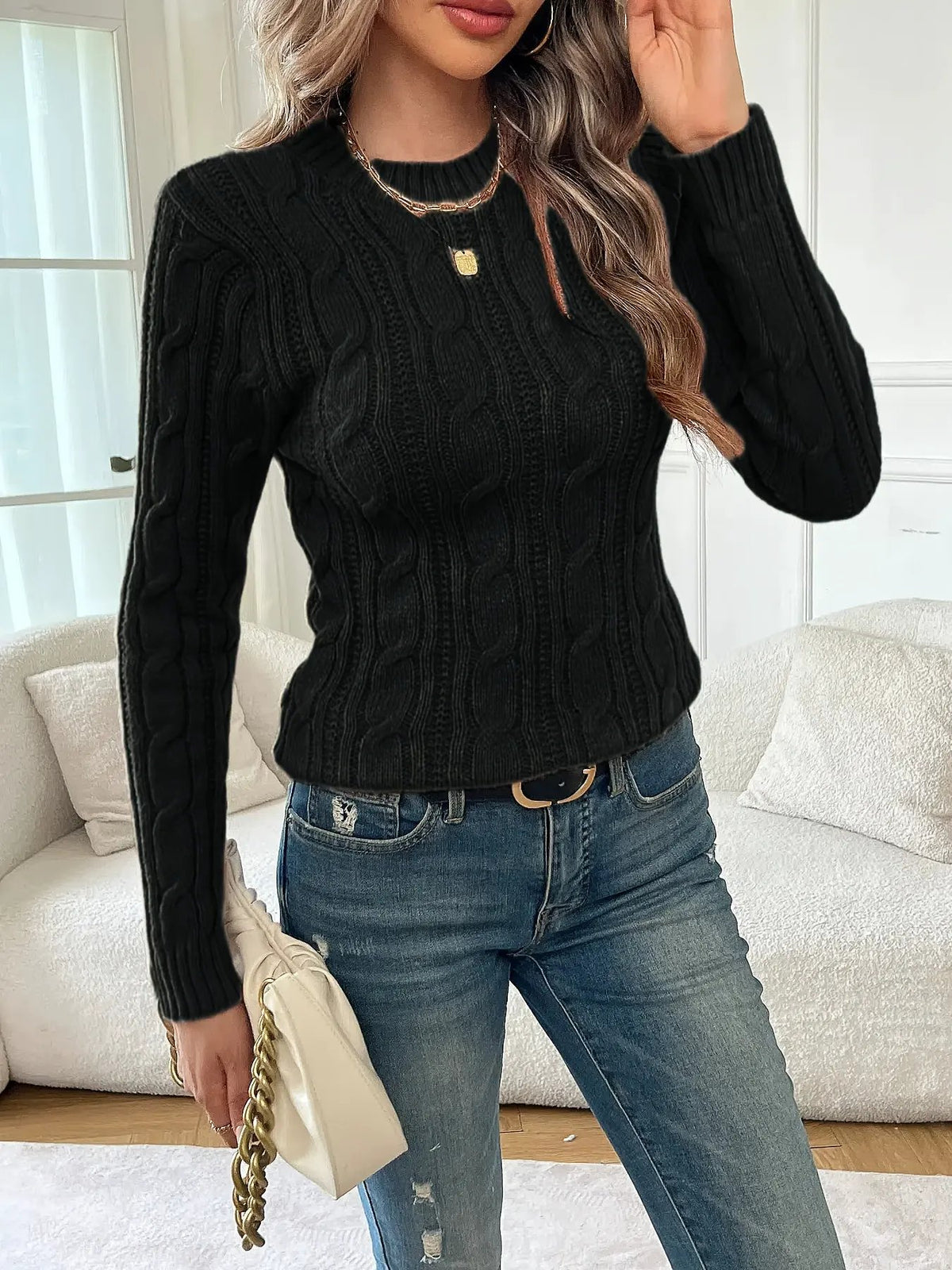 Women's Twist-Knit Round Neck Jumper-Women's Sweaters-Bellmaren-Black-S-My Store