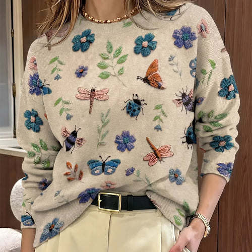 Women's Botanical Print Crew Neck Jumper For Layering by Bellmaren