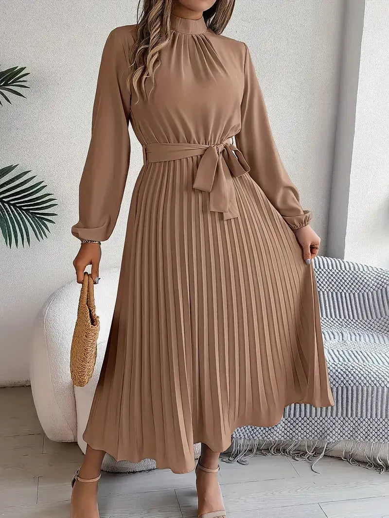 Women's Long-Sleeve Belted Pleated Midi Dress by Bellmaren