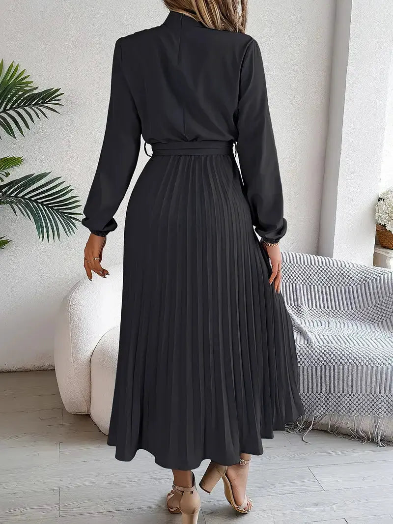 Women's Long-Sleeve Belted Pleated Midi Dress by Bellmaren