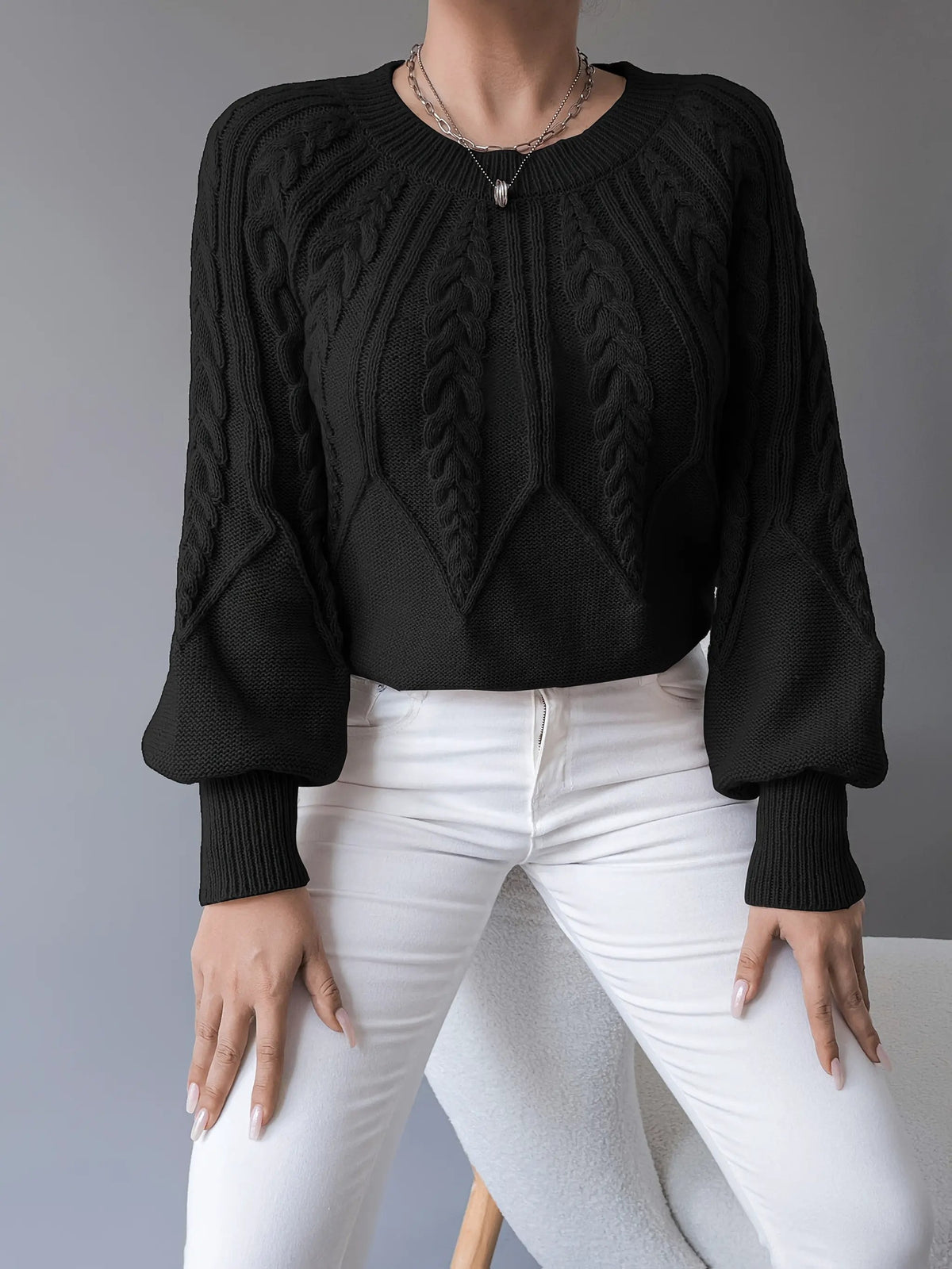 Women's Classic Cable-Knit Lantern-Sleeve Pullover Jumper-Women's Sweaters-Bellmaren-Khaki-S-My Store