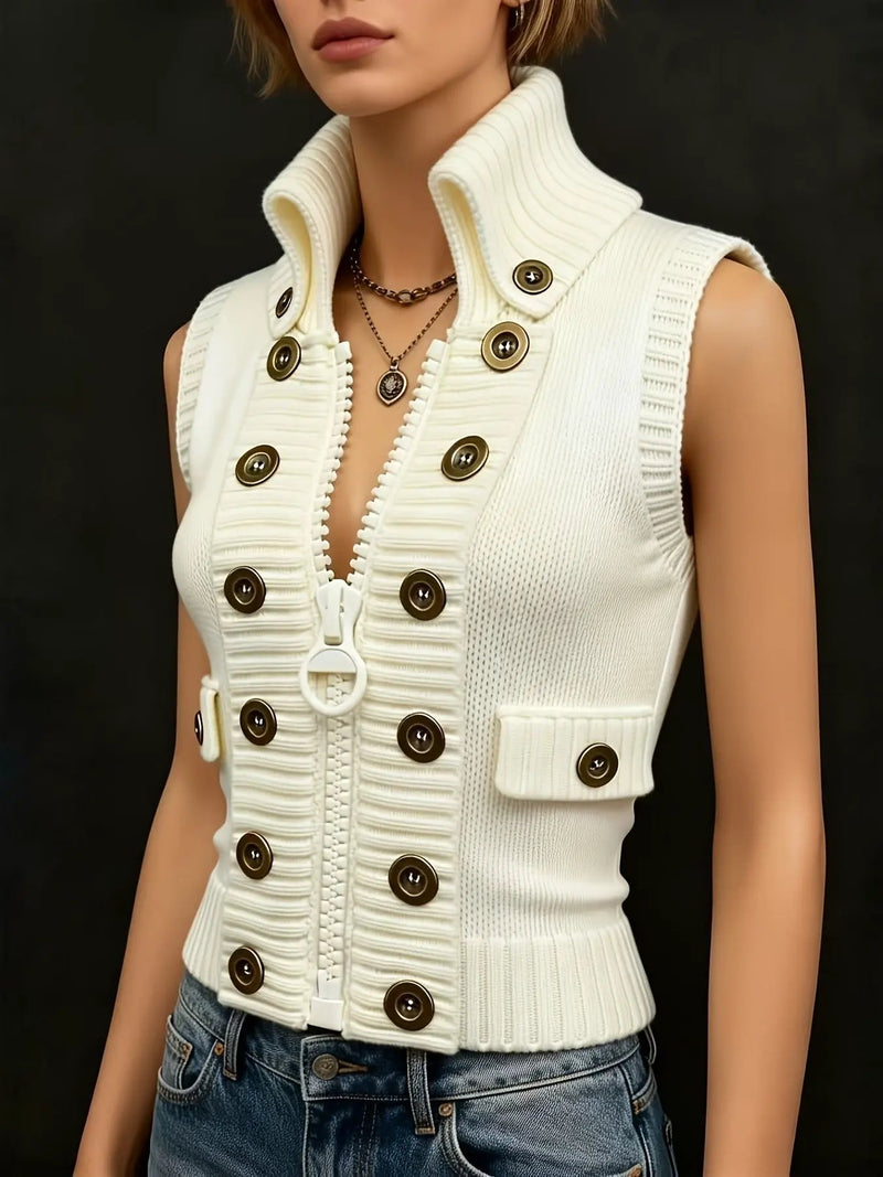Women's Ribbed High Neck Gilet – Zip Front, Shaped Waist