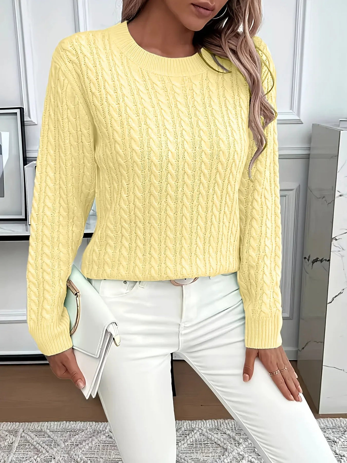 Women's Cable Knit Round Neck Jumper Relaxed Silhouette-Women's Sweaters-Bellmaren-Light Green-S-My Store