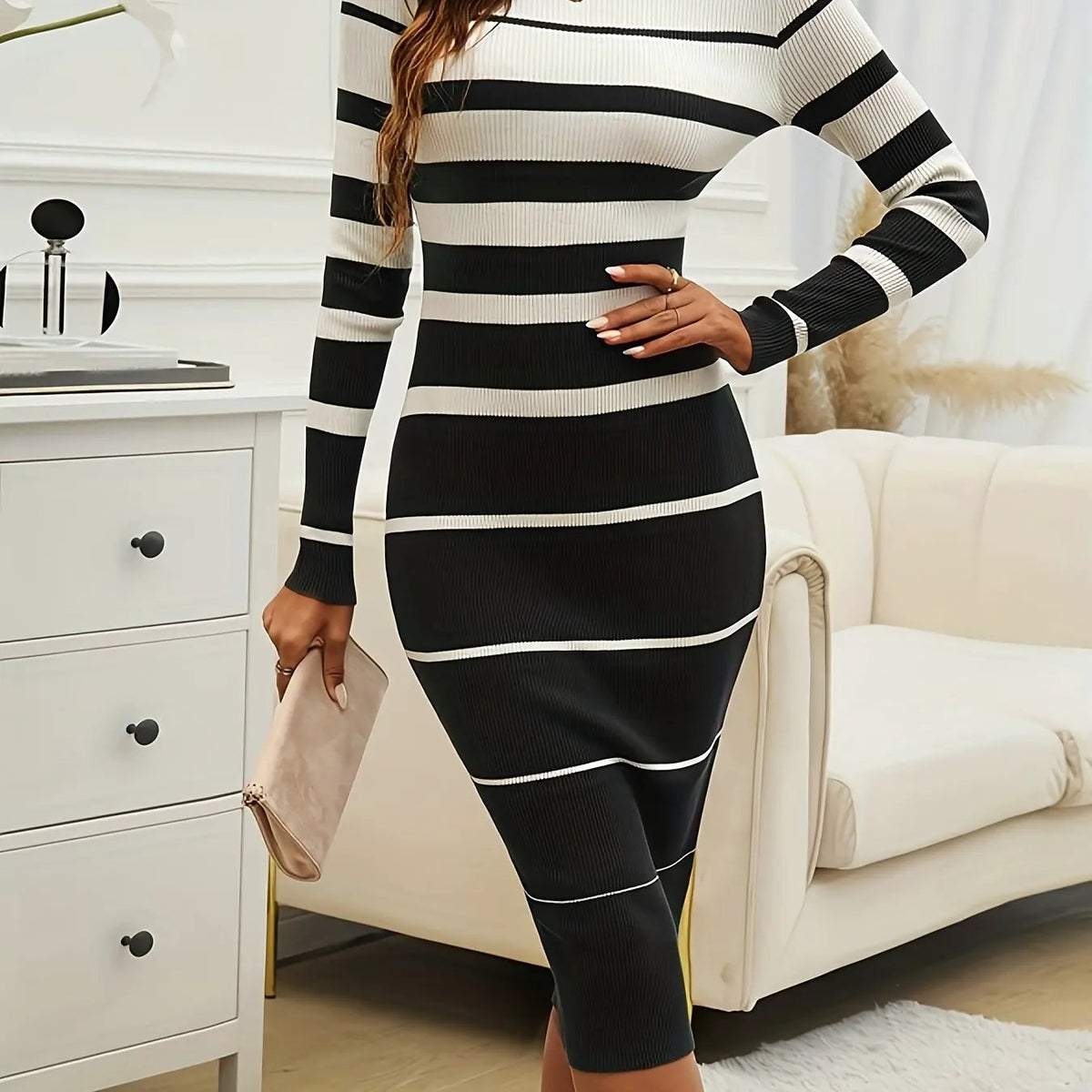 Women's Ribbed Striped Sweater Dress In Fitted Shape-Women's Dresses-Bellmaren-White-S-My Store