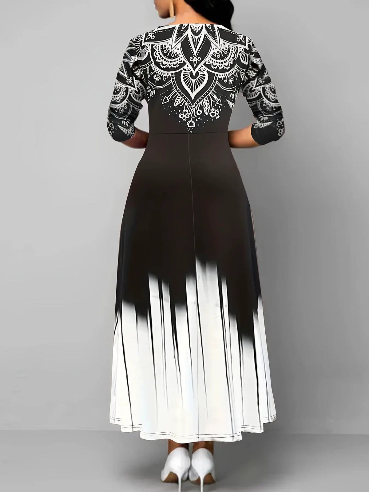 Women's Printed Flared Maxi Dress with Flowing Hem-Women's Dresses-Bellmaren-Black-S-My Store