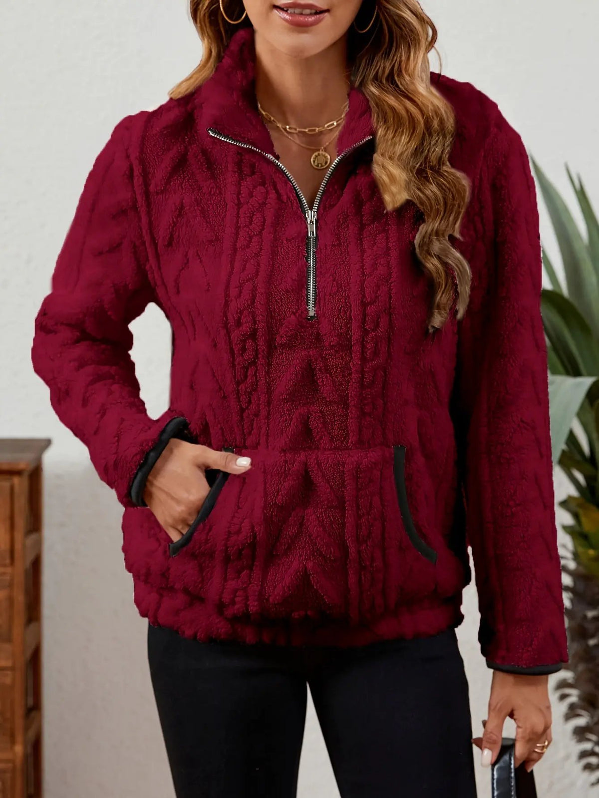 Textured Women's Half Zip Pullover Kangaroo Pocket-Women's Sweaters-Bellmaren-Burgundy-S-My Store