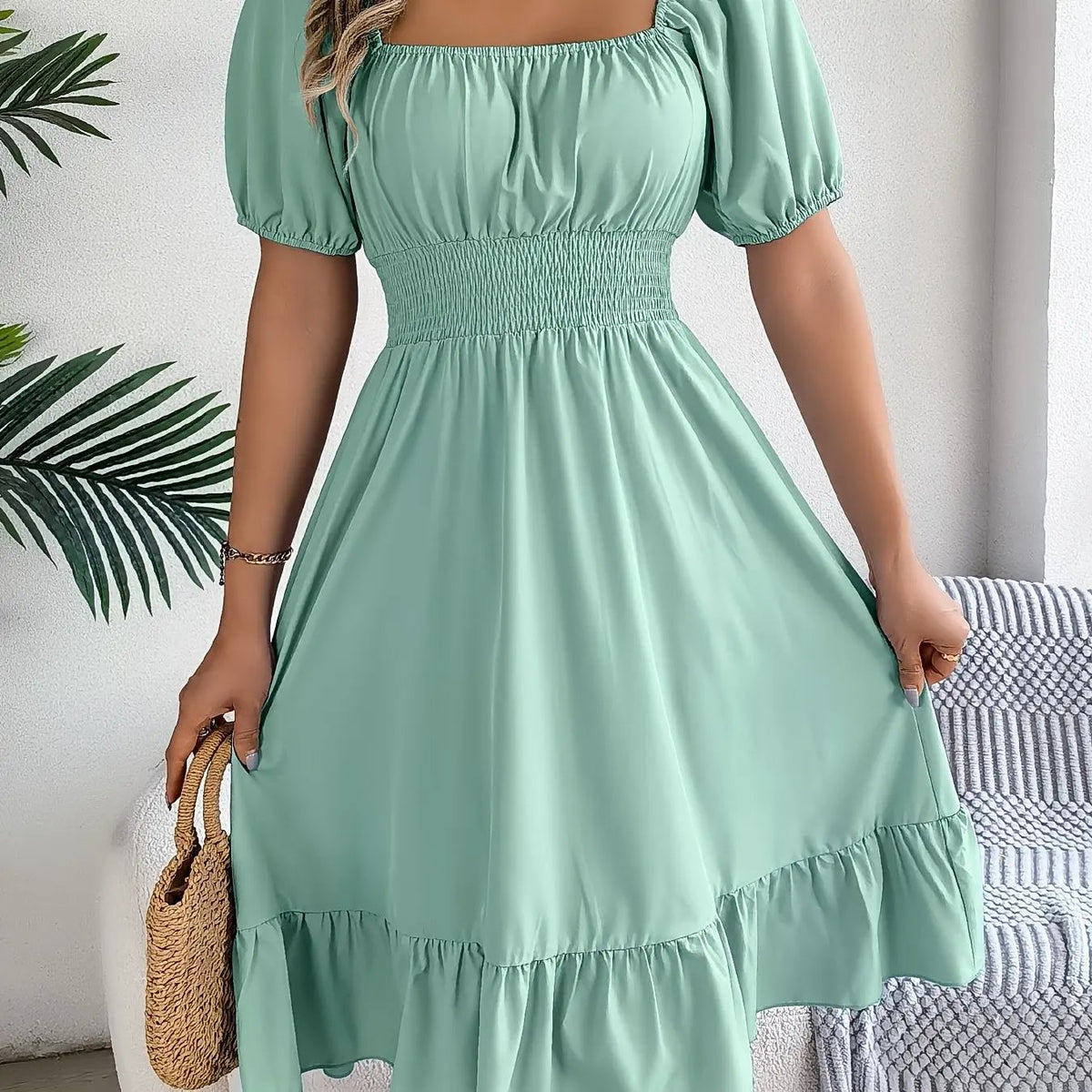 Women's Square Neck Ruffle Hem A-Line Dress-Women's Dresses-Bellmaren-Viridity-S-My Store