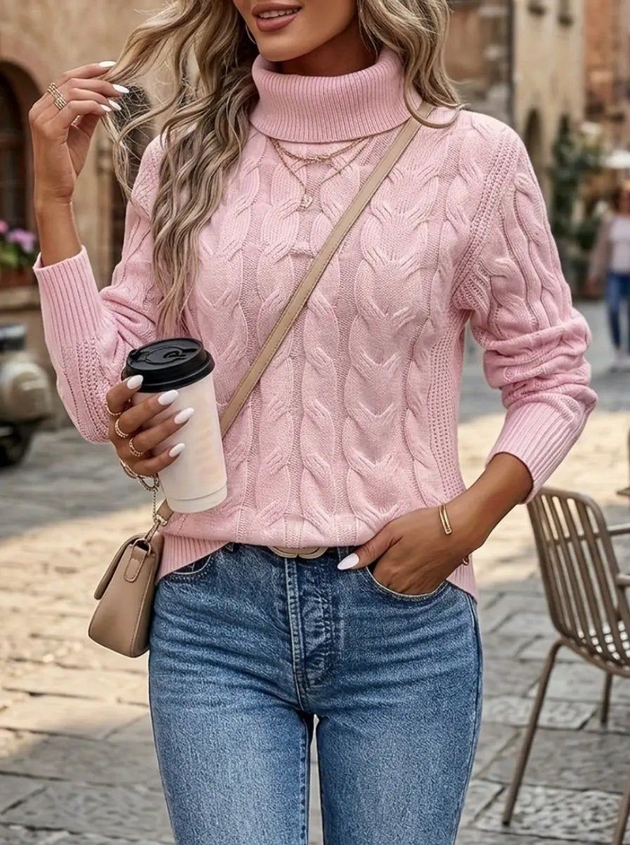 Women's Cable Knit Turtleneck Jumper in Relaxed Fit-Women's Sweaters-Bellmaren-Red-S-My Store