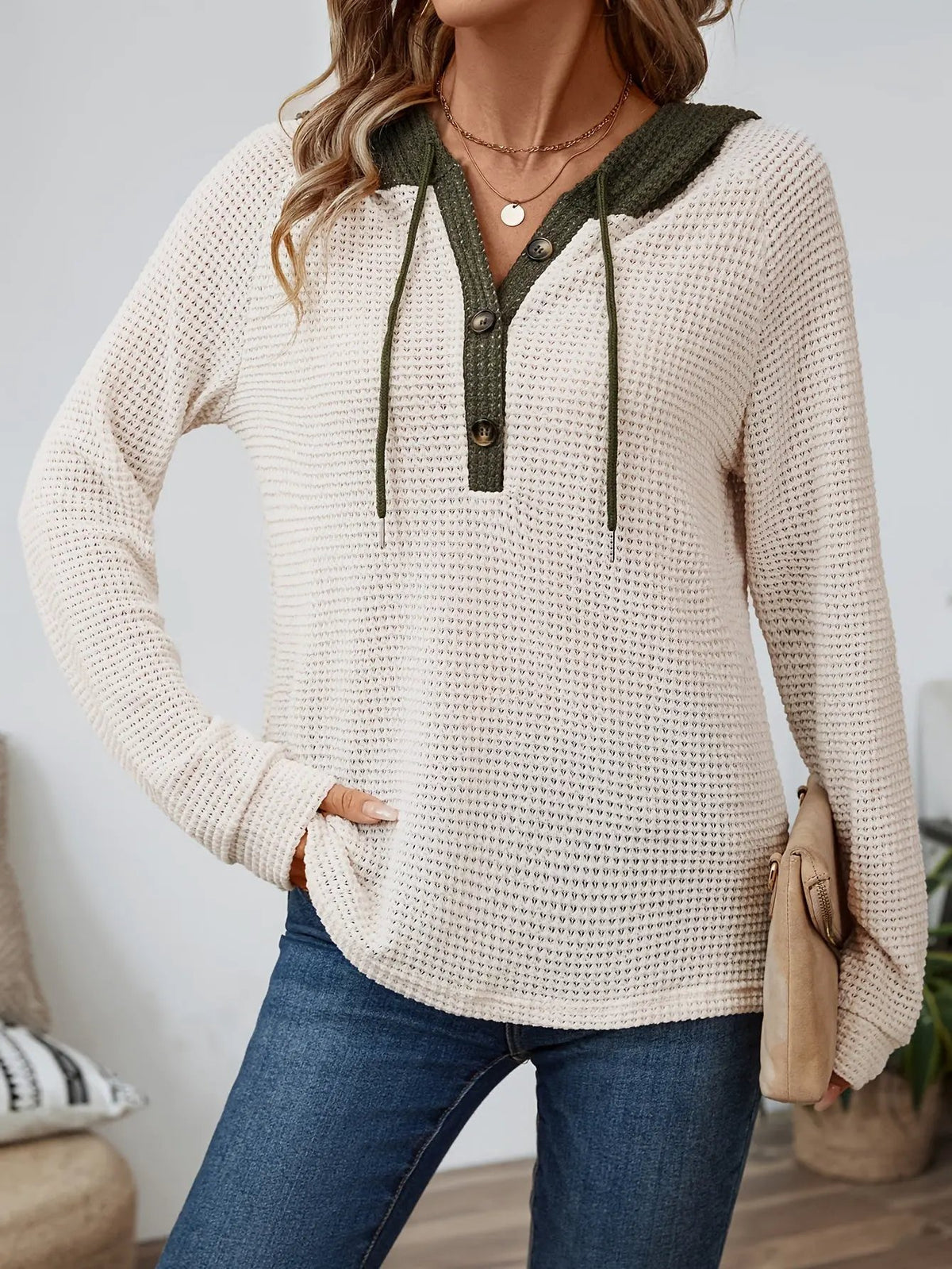 Women's Relaxed Waffle Hooded Top - Contrast Hood-Women's Hoodies-Bellmaren-Beige-S-My Store