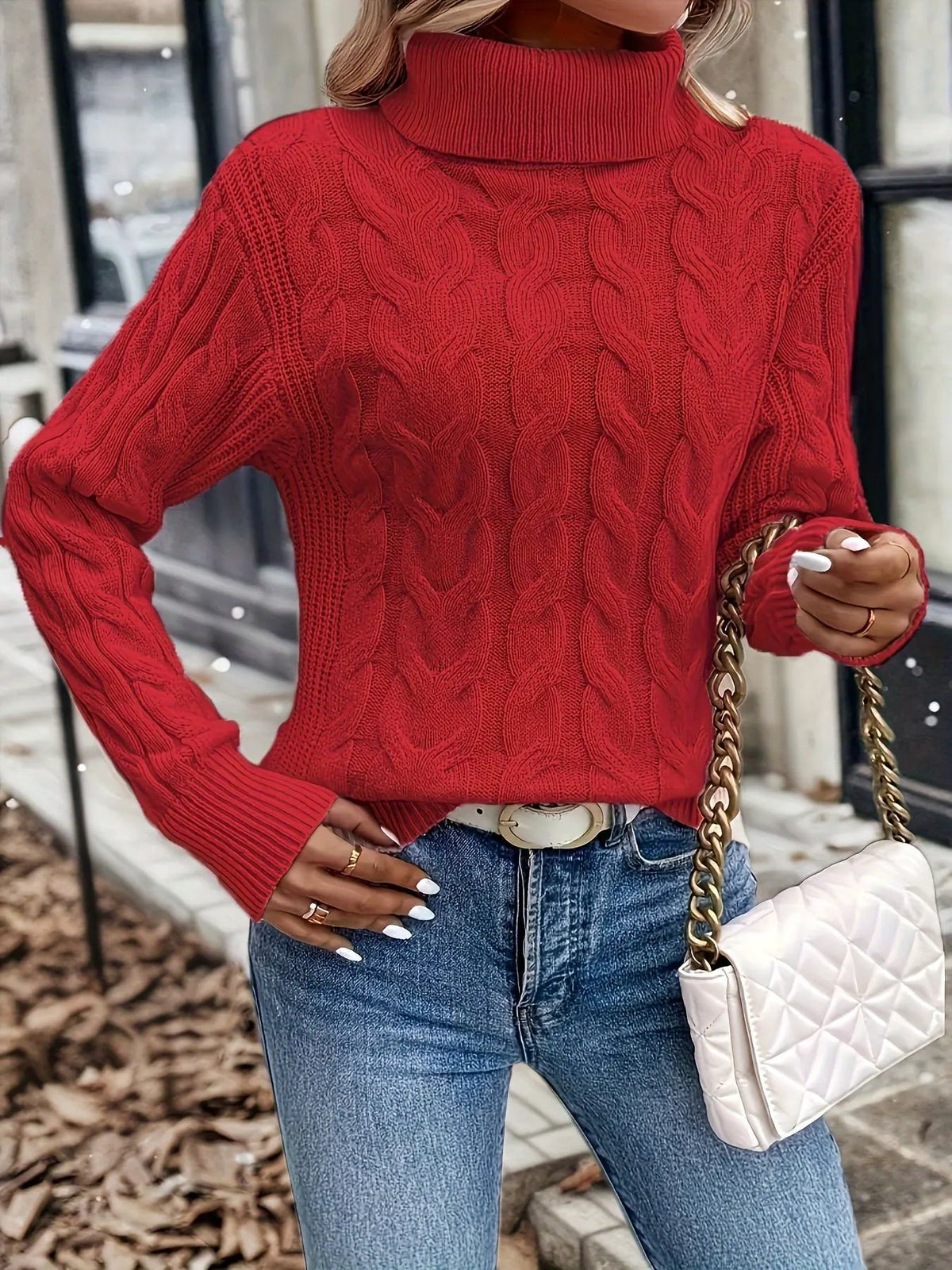 Women's Cable Knit Turtleneck Jumper in Relaxed Fit-Women's Sweaters-Bellmaren-Red-S-My Store