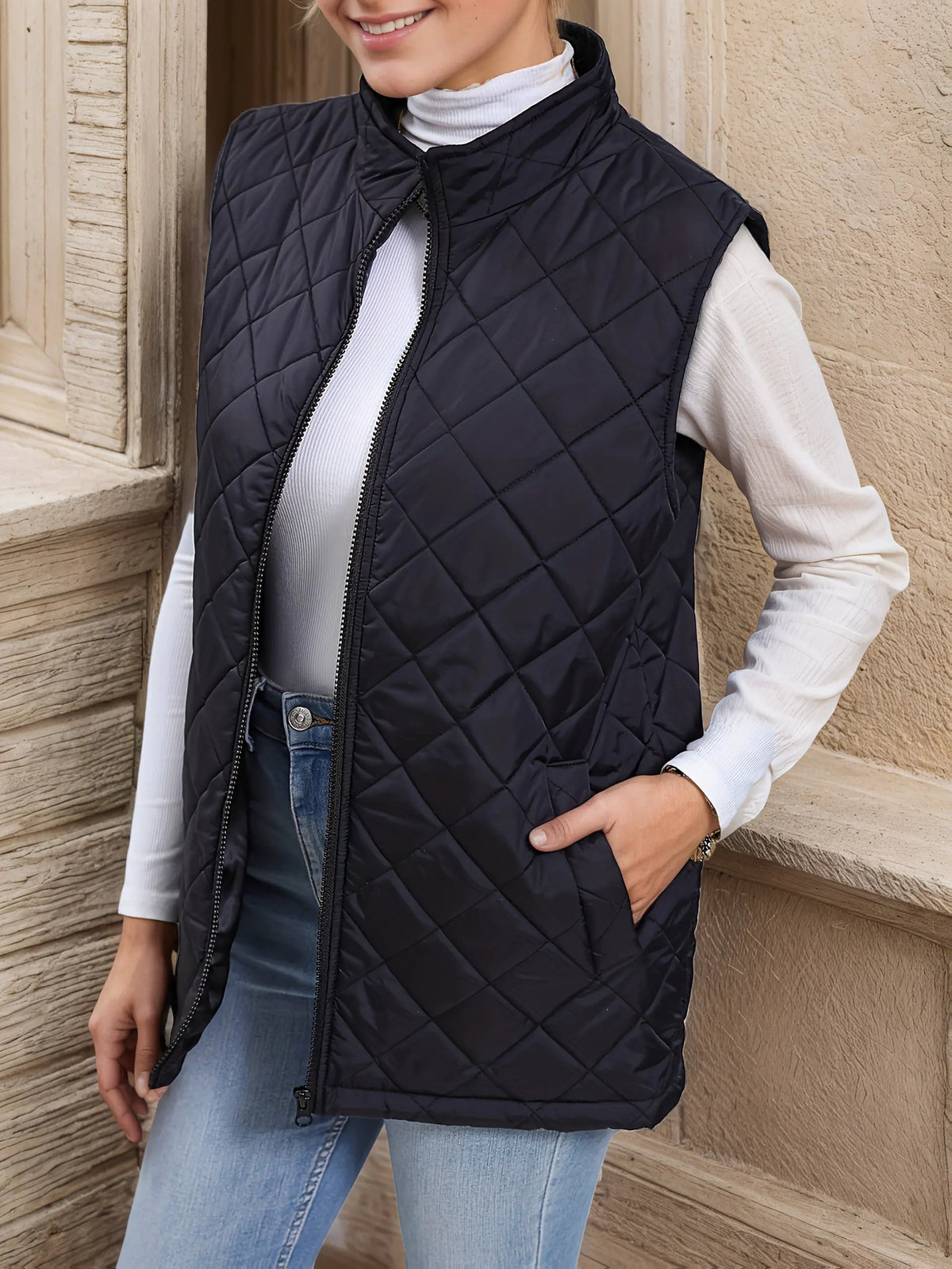 Eileen | Diamond-Quilted Longline Vest by My Store