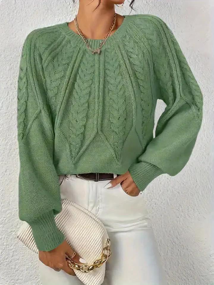 Women's Cable Knit Round Neck Sweater with Raglan Sleeves-Women's Sweaters-Bellmaren-Matcha-S-My Store