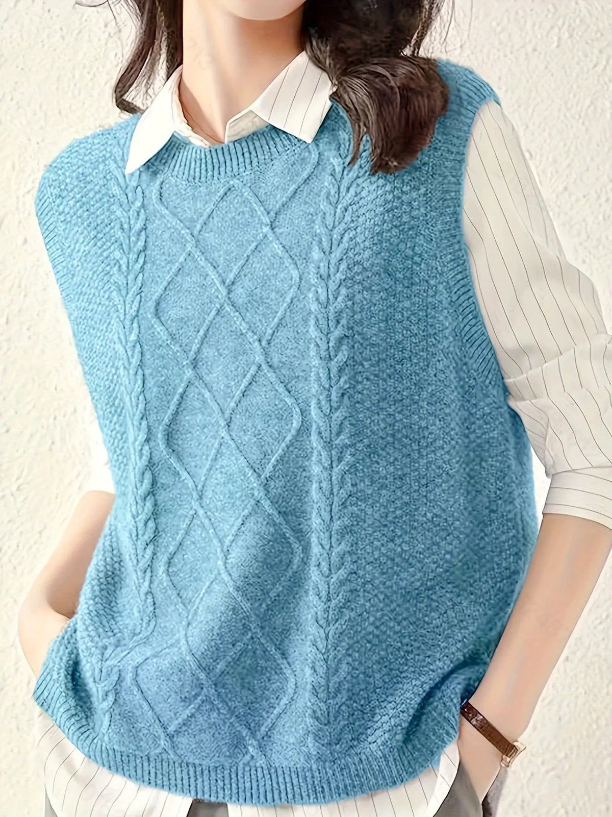 Women's Cable-Knit Sleeveless Vest / Collared Style-Women's Sweaters-Bellmaren-Yellowish-Brown-S-My Store