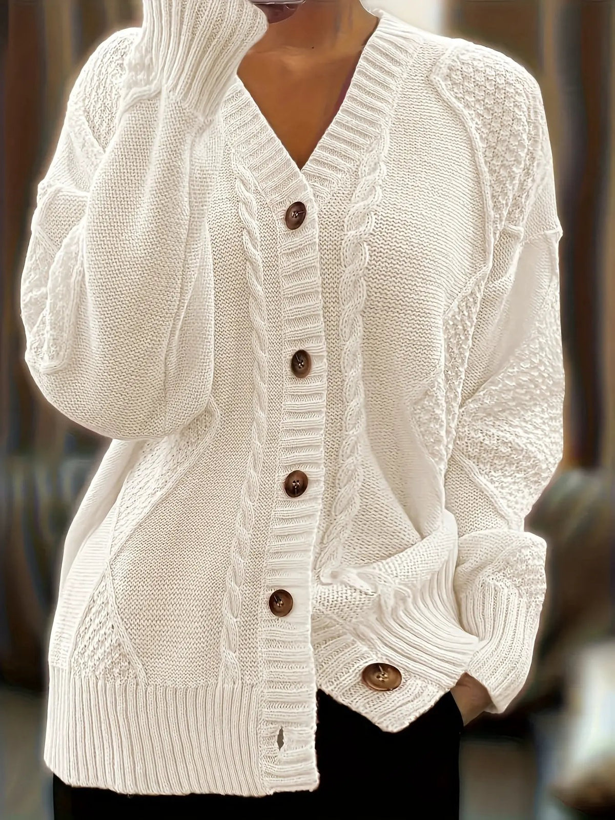 Women's Cable Knit Button Cardigan Relaxed Fit-Women’s Cardigans-Bellmaren-Pink-S-My Store