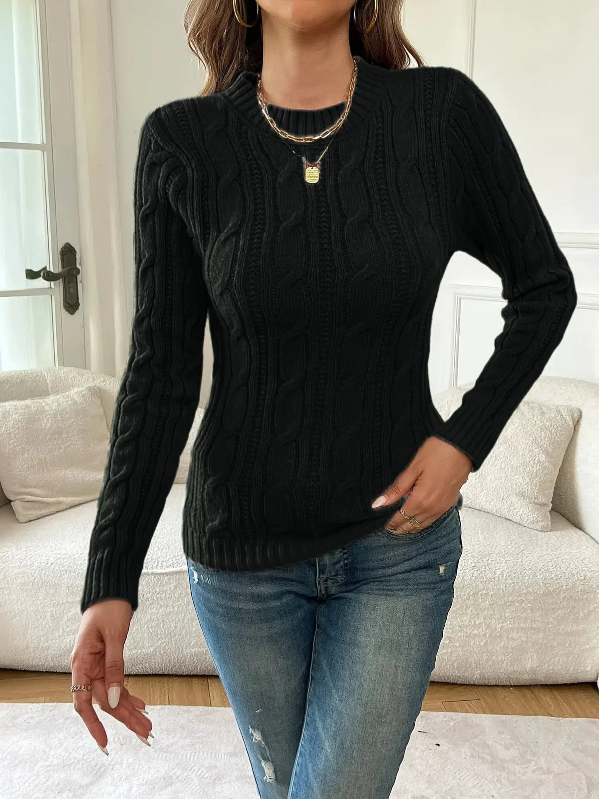 Women's Twist-Knit Round Neck Jumper-Women's Sweaters-Bellmaren-Black-S-My Store