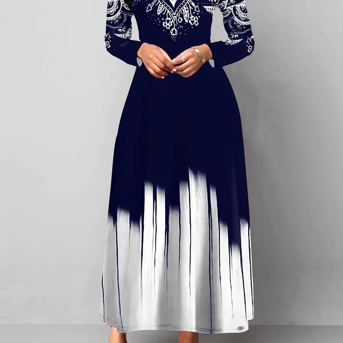 Women's Printed Flared Maxi Dress with Flowing Hem-Women's Dresses-Bellmaren-Royal Blue-S-My Store