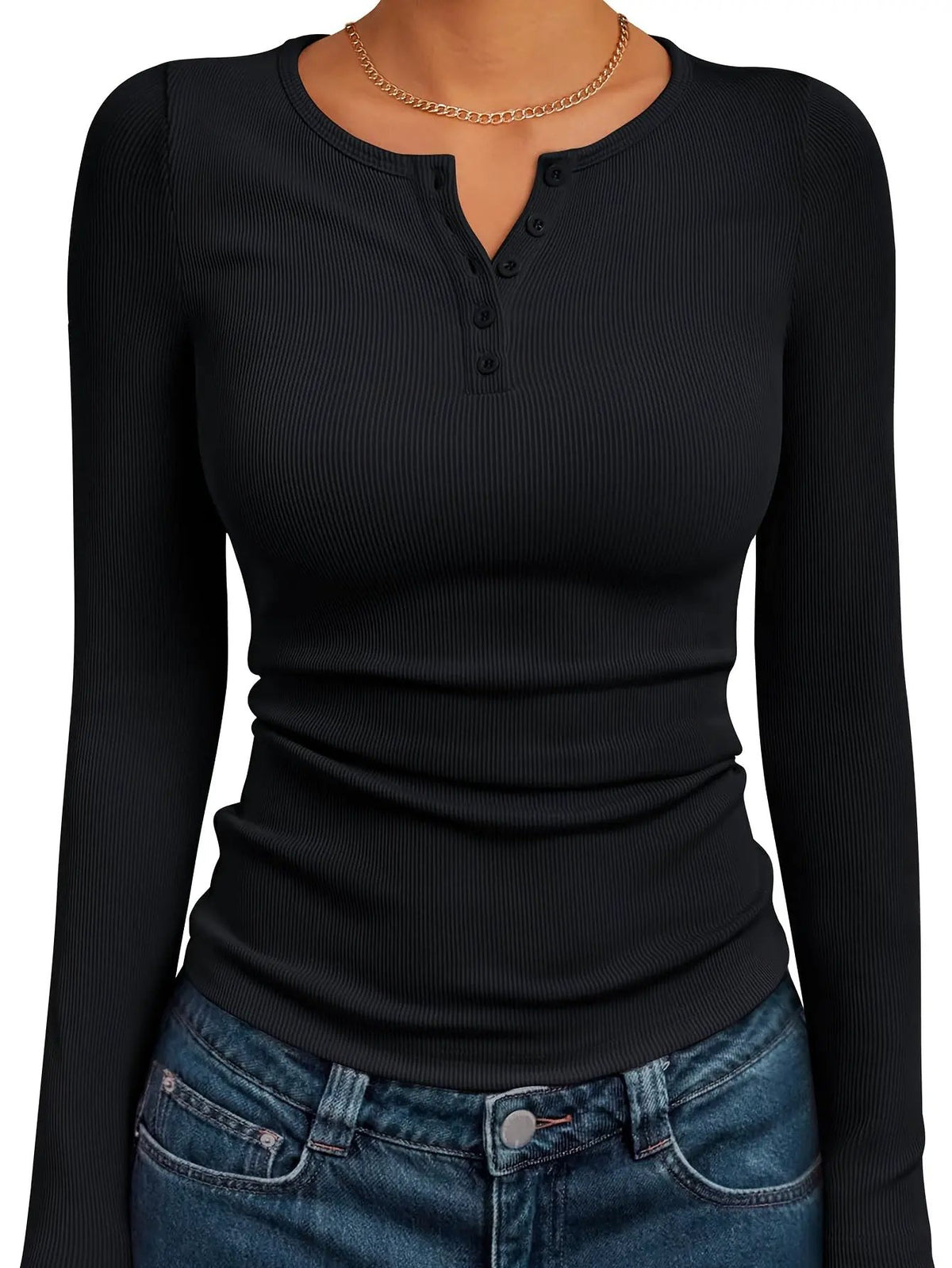 Women's Fitted Ribbed Long Sleeve Henley Top-Women's Shirts-Bellmaren-Black-S-My Store