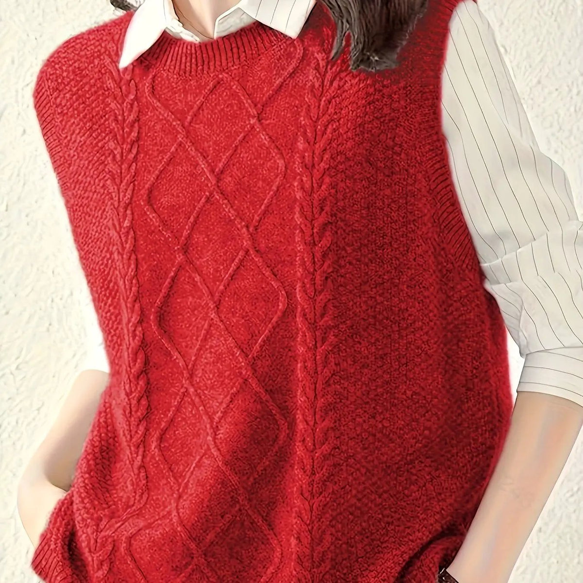 Women's Cable-Knit Sleeveless Vest / Collared Style-Women's Sweaters-Bellmaren-Red-S-My Store