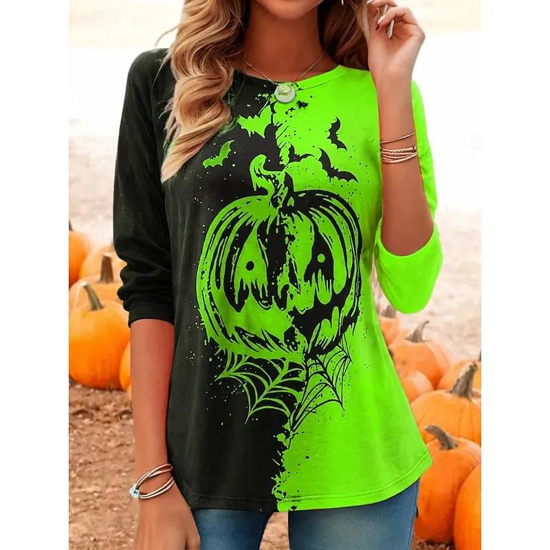 Women's Relaxed Fit Pumpkin Print Long-Sleeve Top-Women's T-Shirts-Bellmaren-Green-S-My Store