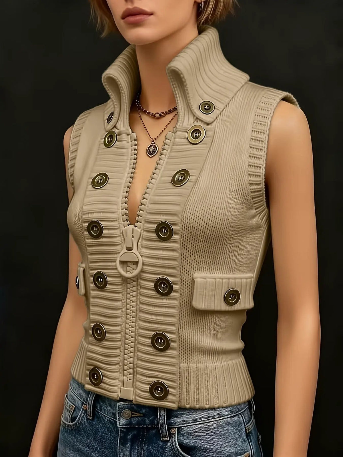 Women's Ribbed High-Collar Sleeveless Vest-Women's Vests-Bellmaren-Milky-S-My Store