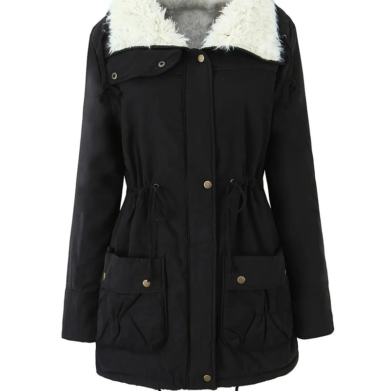 Women's Hooded Mid-Length Parka – Drawstring Waist, Snap Buttons