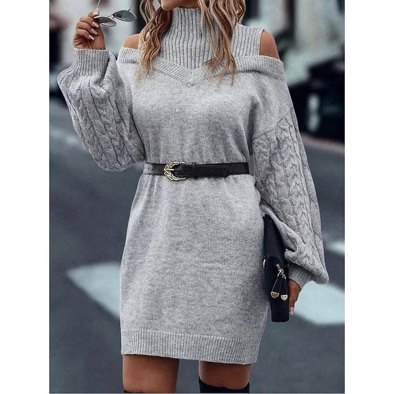 Women's Cold-Shoulder Turtleneck Sweater Dress-Women's Dresses-Bellmaren-Khaki-S-My Store