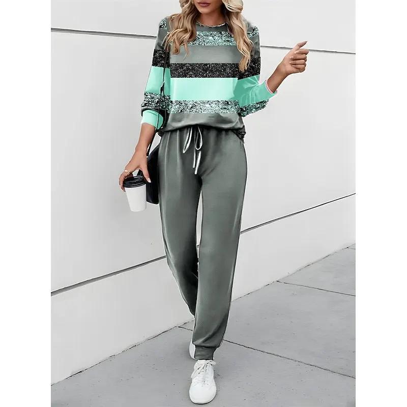 Women's Colour-block Two-Piece Set for Relaxed Outings-Women's Outfit Sets-Bellmaren-Green-S-My Store